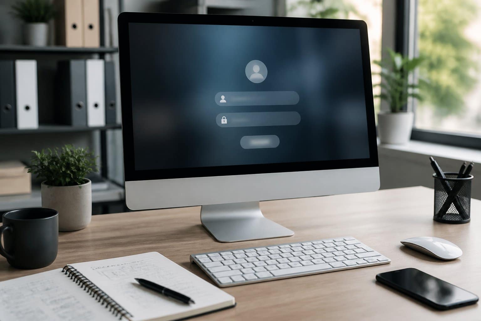 Mesa de trabalho moderna com computador exibindo tela de login desfocada, caderno com anotações e acessórios de escritório ao redor.