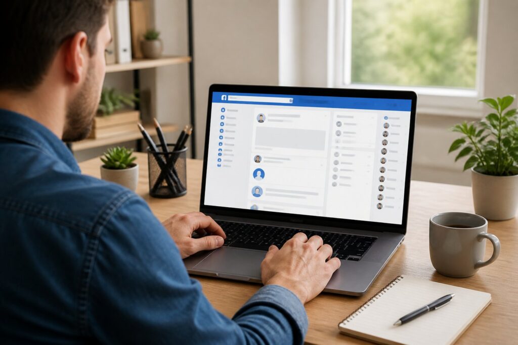 Pessoa usando um laptop em um ambiente de escritório em casa, com a tela mostrando uma interface de rede social, sugerindo a ação de desbloquear alguém.
