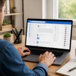 Pessoa usando um laptop em um ambiente de escritório em casa, com a tela mostrando uma interface de rede social, sugerindo a ação de desbloquear alguém.