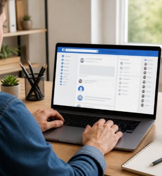 Pessoa usando um laptop em um ambiente de escritório em casa, com a tela mostrando uma interface de rede social, sugerindo a ação de desbloquear alguém.