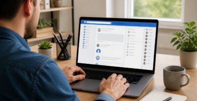 Pessoa usando um laptop em um ambiente de escritório em casa, com a tela mostrando uma interface de rede social, sugerindo a ação de desbloquear alguém.