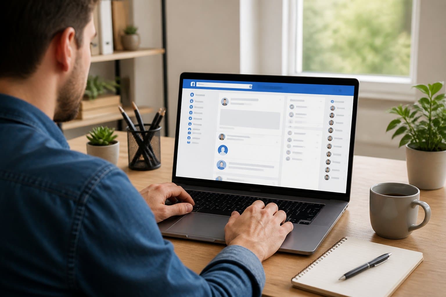 Pessoa usando um laptop em um ambiente de escritório em casa, com a tela mostrando uma interface de rede social, sugerindo a ação de desbloquear alguém.