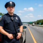 Policial rodoviário estadual em uniforme ao lado de viatura na rodovia.