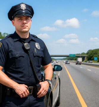 Policial rodoviário estadual em uniforme ao lado de viatura na rodovia.