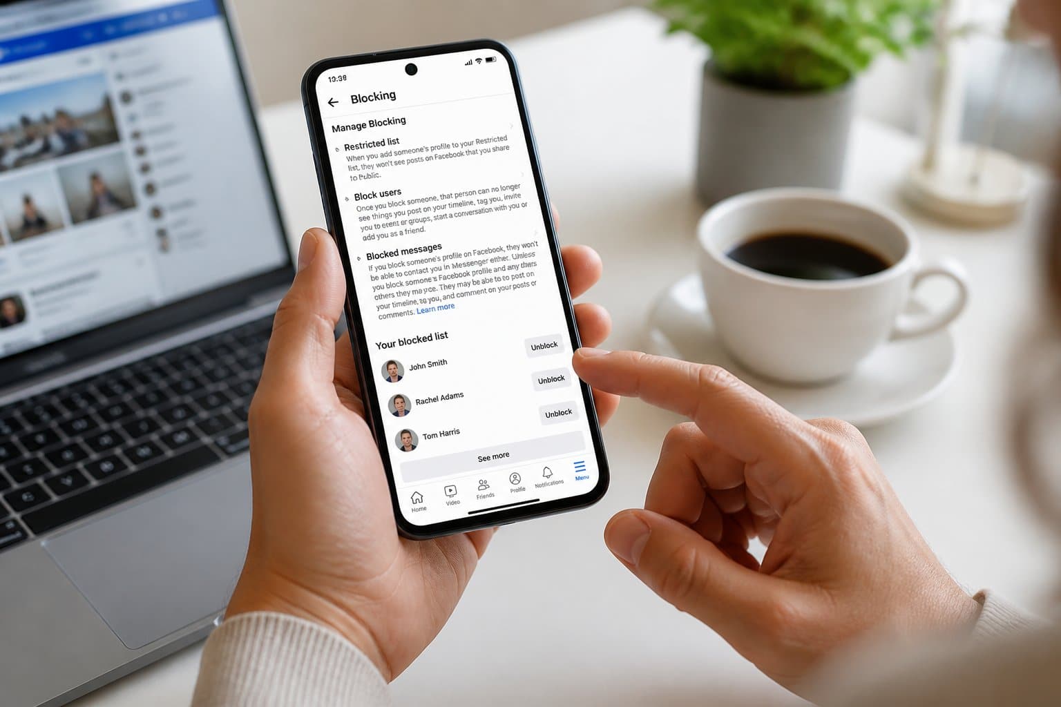 Pessoa usando um smartphone para gerenciar configurações de bloqueio e desbloqueio em uma rede social, sentada em uma mesa com laptop e café.