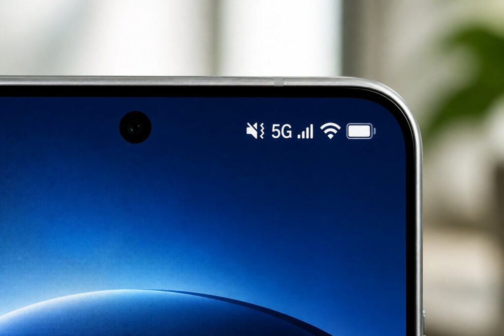 Close-up da tela de um smartphone Samsung mostrando ícones de sinal celular e status, com fundo desfocado.