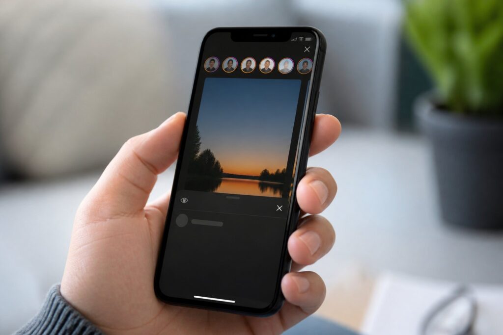 Pessoa segurando um smartphone mostrando uma história de rede social com um perfil que visualizou, mas sem o nome ou ícone visível.