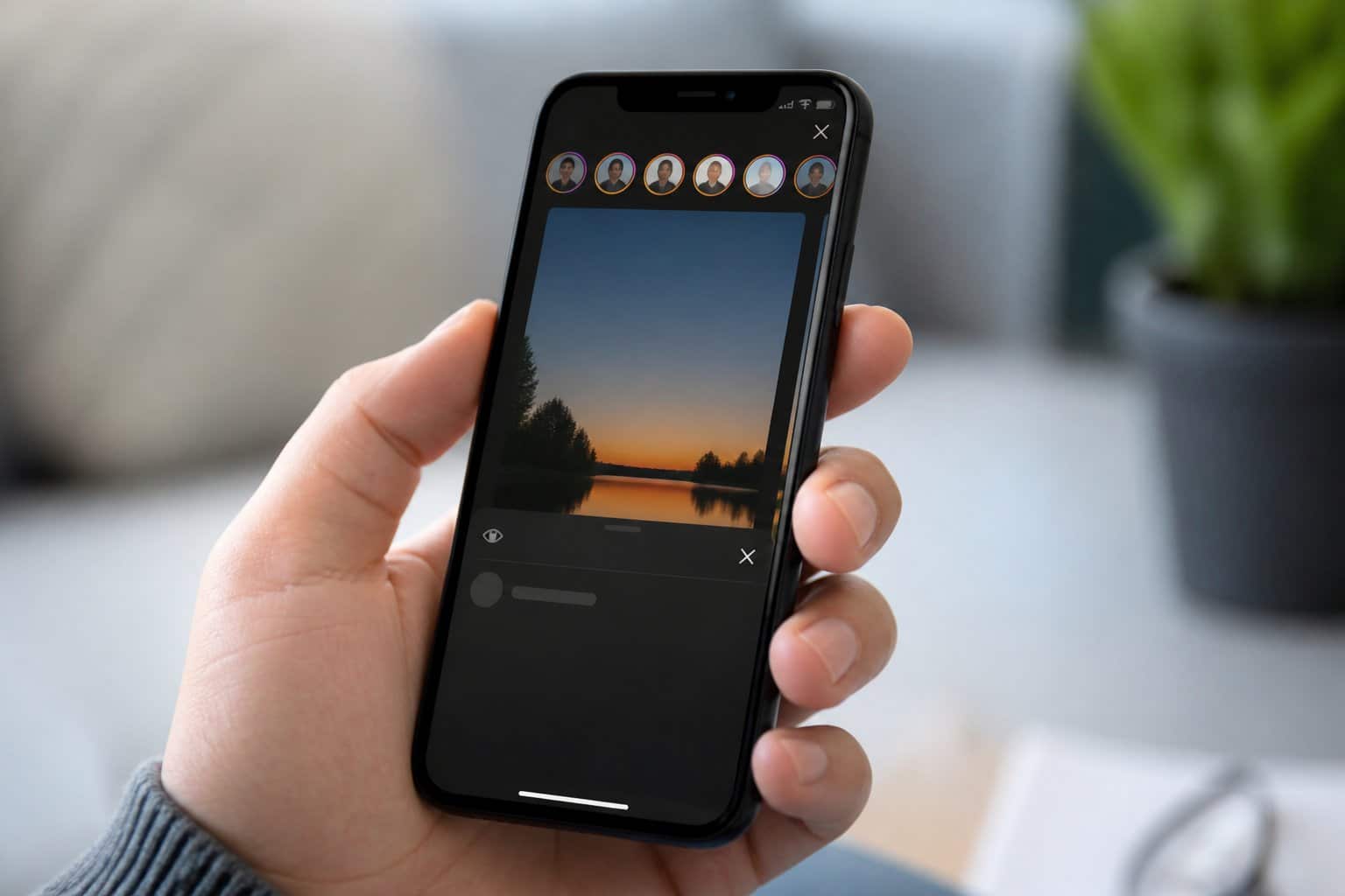 Pessoa segurando um smartphone mostrando uma história de rede social com um perfil que visualizou, mas sem o nome ou ícone visível.