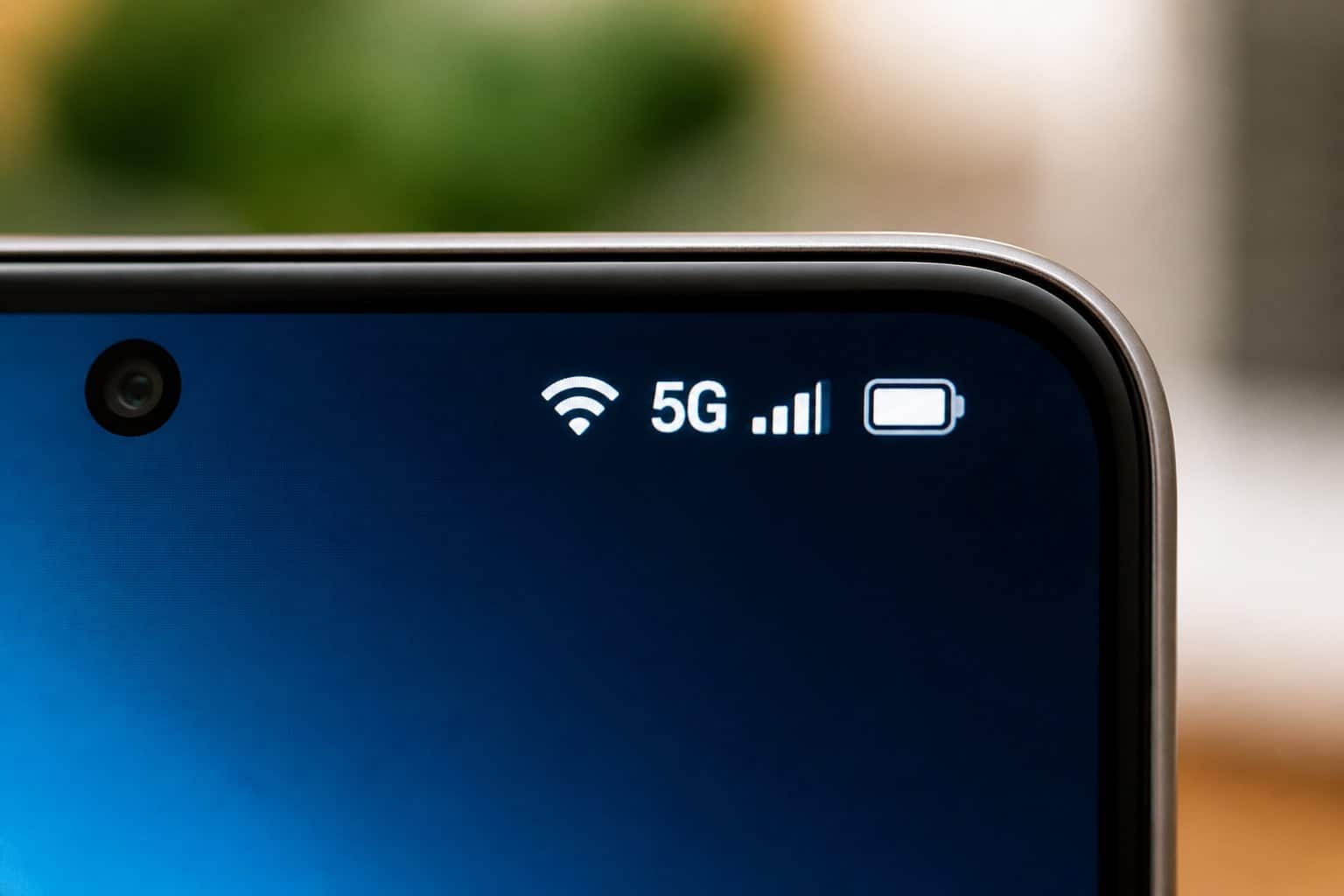 Close-up da barra de status de um smartphone Samsung mostrando ícones de rede e conectividade.