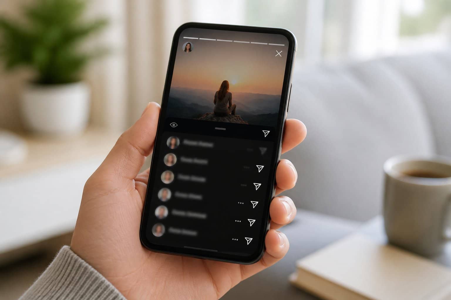 Pessoa segurando um smartphone que mostra uma história de rede social com ícones de visualizadores desfocados.