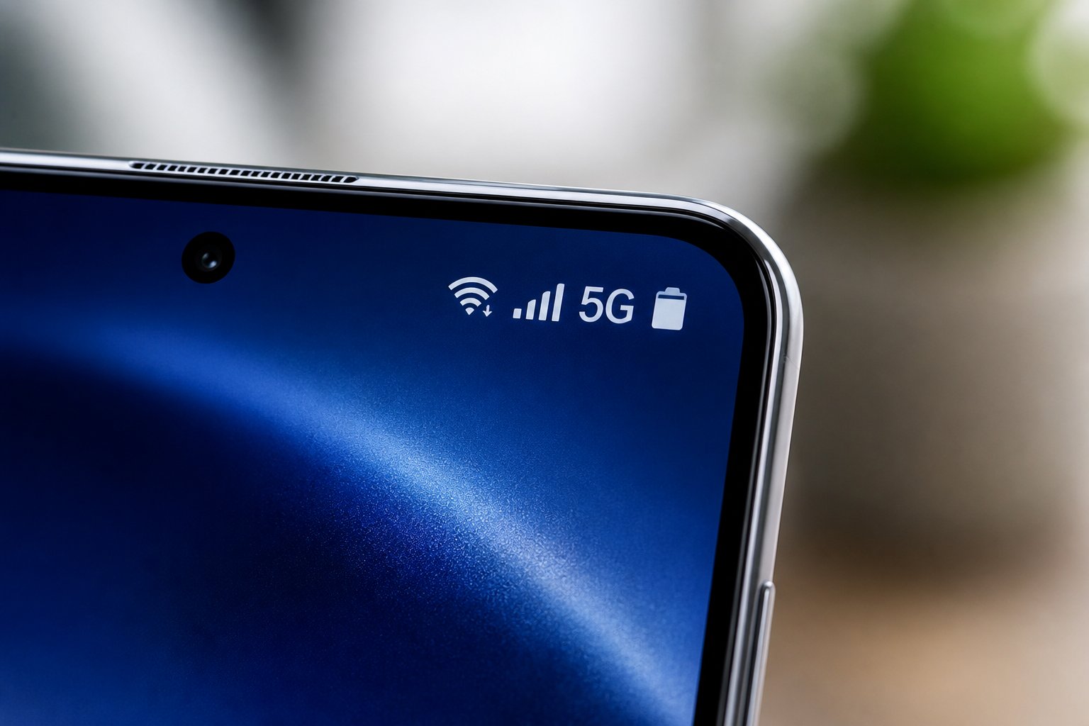 Close-up de um smartphone Samsung mostrando ícones de sinal celular e conexão na tela.
