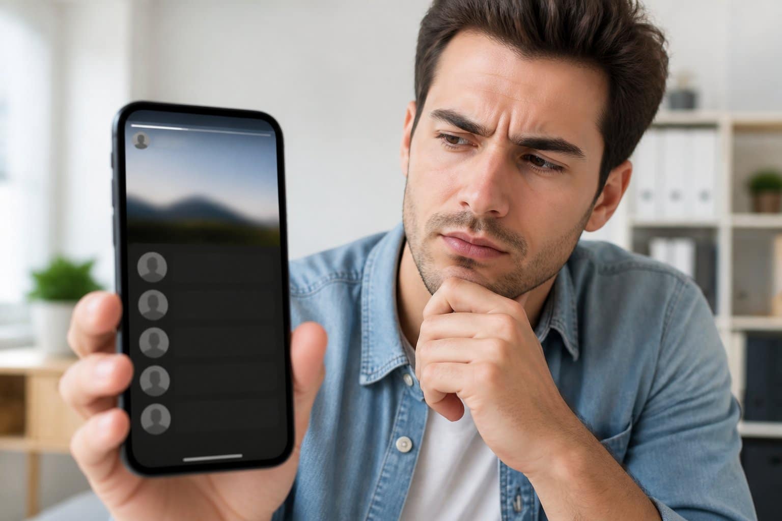 Pessoa jovem olhando para a tela de um smartphone com expressão pensativa, em um ambiente claro e moderno.