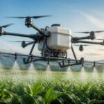 Drone agrícola com tanque de 200 litros pulverizando uma plantação verde sob céu claro.