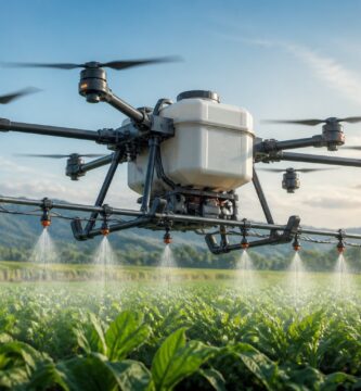 Drone agrícola com tanque de 200 litros pulverizando uma plantação verde sob céu claro.