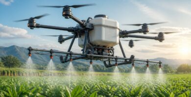 Drone agrícola com tanque de 200 litros pulverizando uma plantação verde sob céu claro.