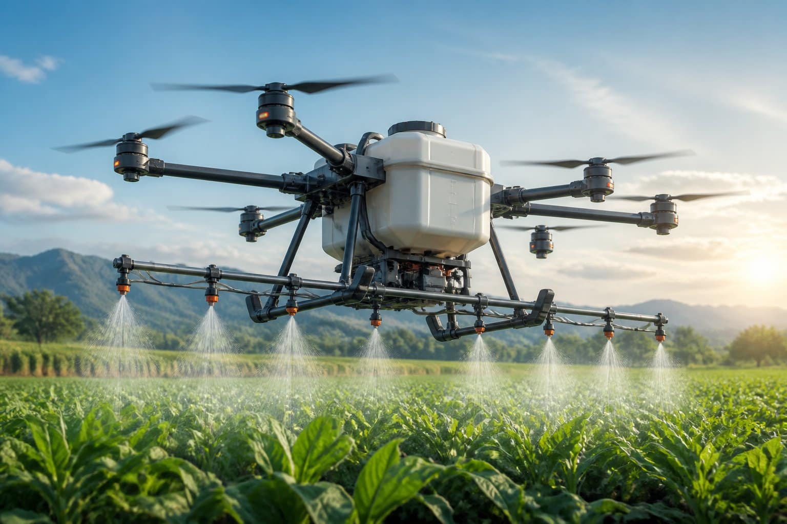 Drone agrícola com tanque de 200 litros pulverizando uma plantação verde sob céu claro.