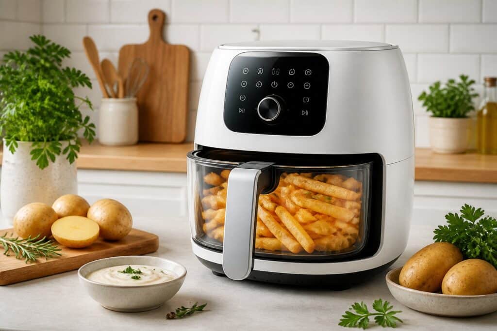 Uma cozinha moderna com uma airfryer branca na bancada, mostrando batatas fritas douradas dentro, cercada por ingredientes frescos.