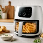 Uma cozinha moderna com uma airfryer branca na bancada, mostrando batatas fritas douradas dentro, cercada por ingredientes frescos.