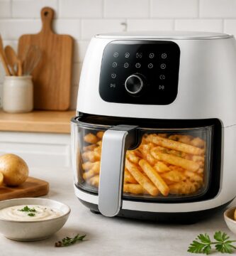 Uma cozinha moderna com uma airfryer branca na bancada, mostrando batatas fritas douradas dentro, cercada por ingredientes frescos.