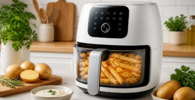 Uma cozinha moderna com uma airfryer branca na bancada, mostrando batatas fritas douradas dentro, cercada por ingredientes frescos.