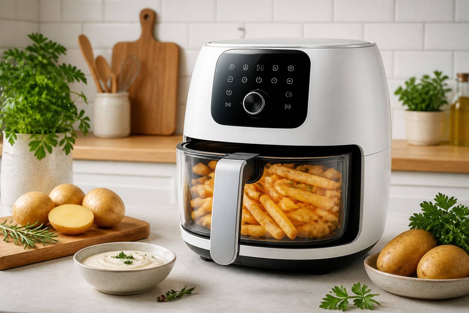 Uma cozinha moderna com uma airfryer branca na bancada, mostrando batatas fritas douradas dentro, cercada por ingredientes frescos.