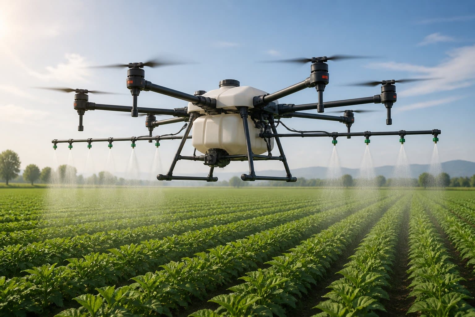 Drone agrícola de pulverização de 200 litros voando sobre uma plantação verde, liberando spray sobre as plantas.