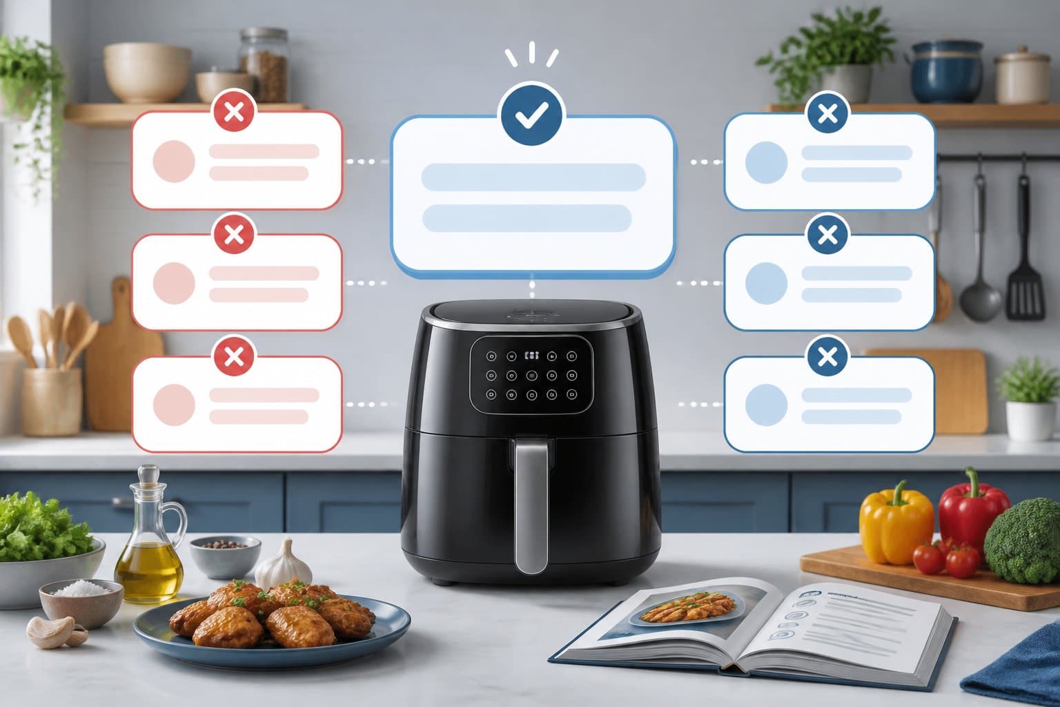 Uma cozinha moderna com uma airfryer sobre a bancada, cercada por elementos que sugerem variações de escrita, como balões de texto estilizados, em um ambiente organizado e relacionado à culinária.