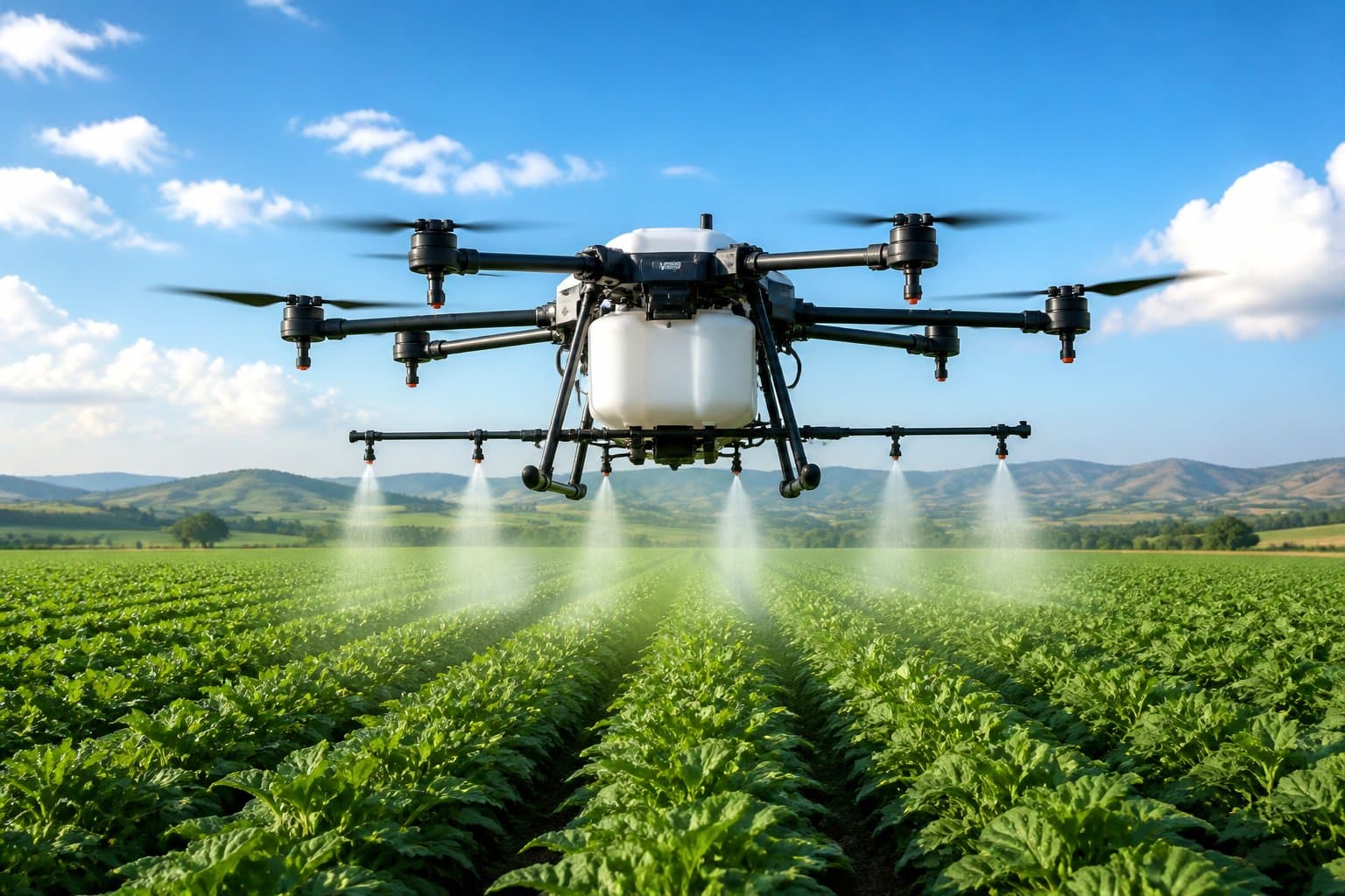 Drone pulverizador voando sobre uma plantação verde, aplicando pulverização uniforme nas plantas em um campo agrícola.
