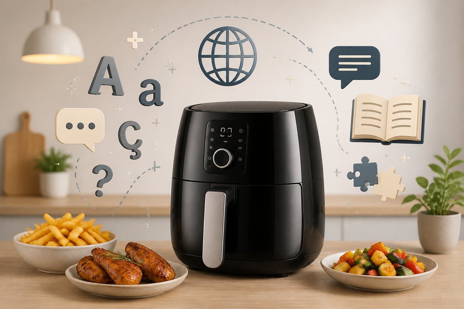 Uma cozinha moderna com uma airfryer sobre o balcão, cercada por elementos que representam escrita e tradução.