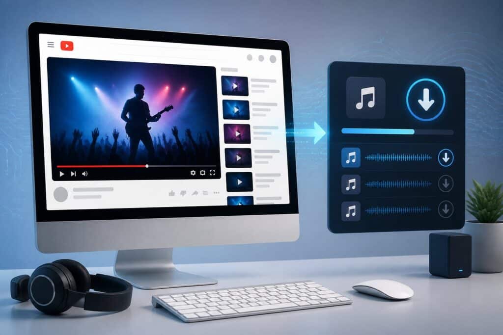 Computador desktop mostrando um vídeo do YouTube e ícones de download de música com fones de ouvido ao lado.