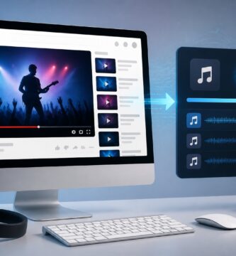 Computador desktop mostrando um vídeo do YouTube e ícones de download de música com fones de ouvido ao lado.