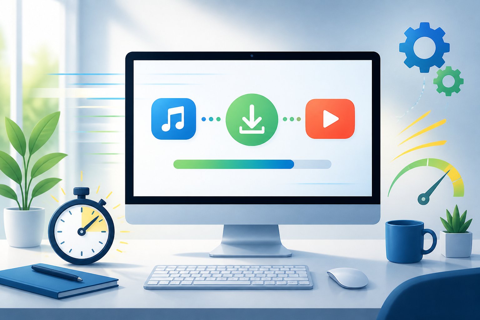 Computador em uma mesa mostrando o processo de download de música com ícones relacionados a música e velocidade.