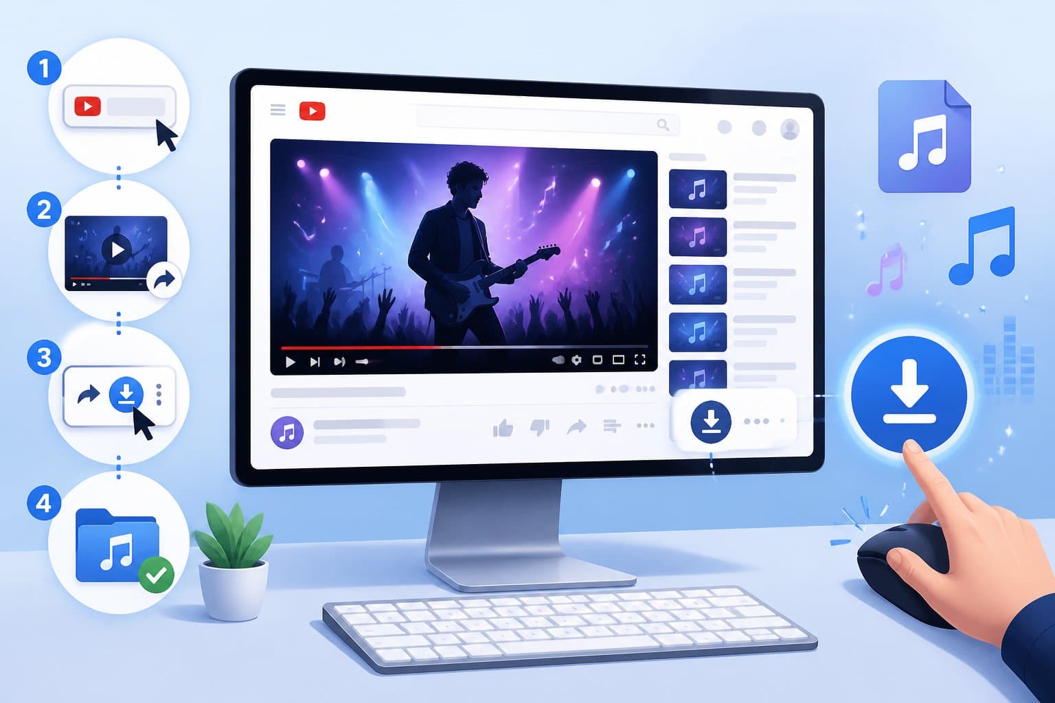 Computador desktop moderno com vídeo do YouTube aberto e uma mão clicando em um botão de download, com ícones de música e download ao redor.