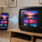 Um celular moderno transmitindo a tela para uma televisão Samsung antiga em uma sala de estar.