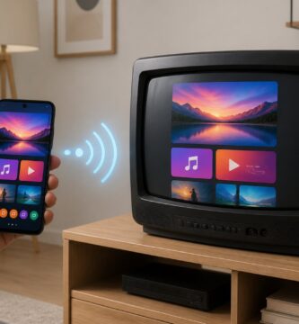 Um celular moderno transmitindo a tela para uma televisão Samsung antiga em uma sala de estar.