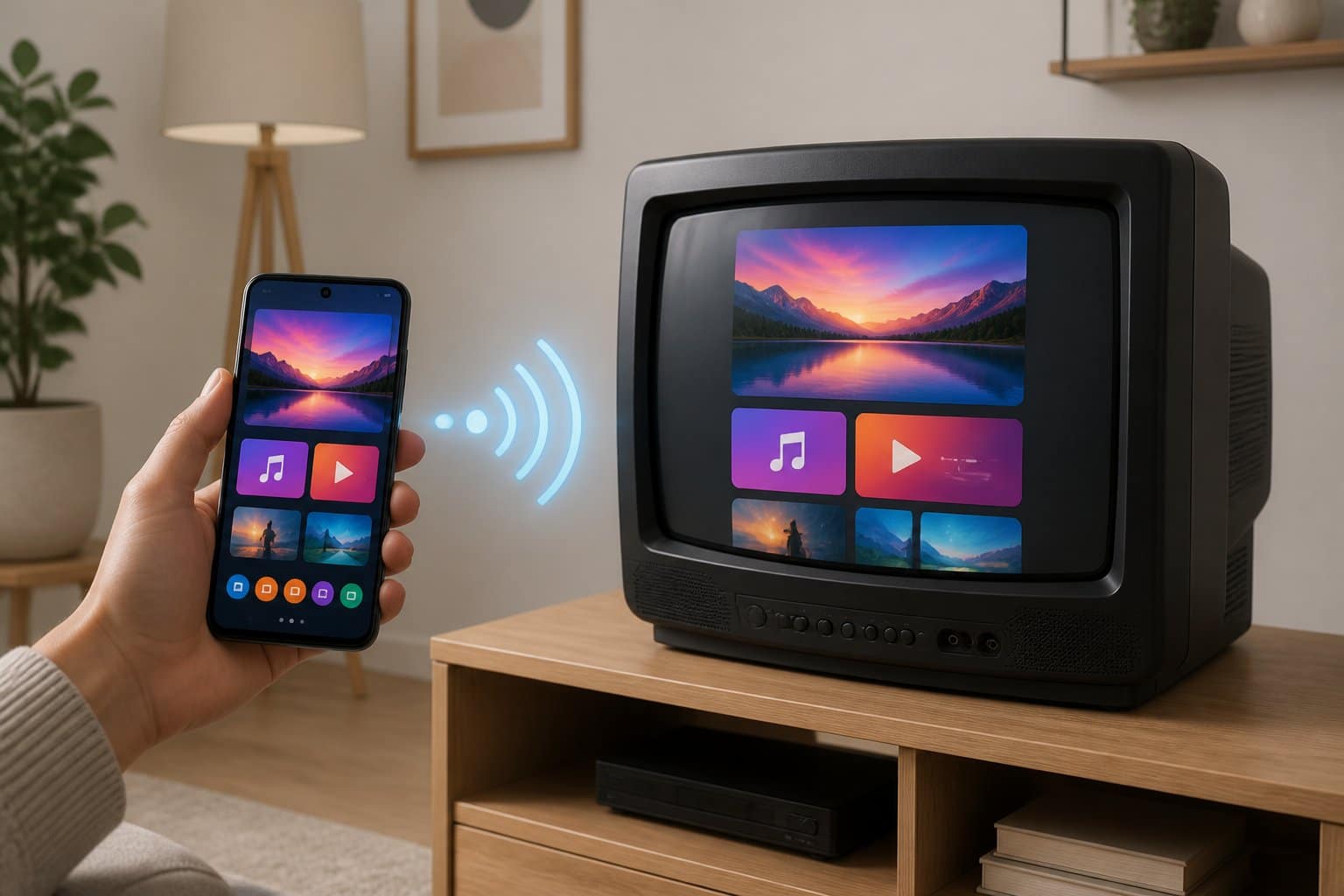 Um celular moderno transmitindo a tela para uma televisão Samsung antiga em uma sala de estar.