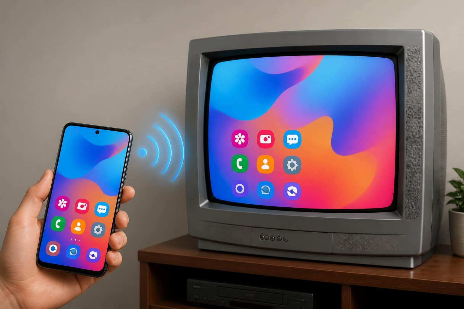 Um smartphone transmitindo a tela sem fio para uma televisão Samsung antiga, mostrando ondas de sinal entre os dispositivos.