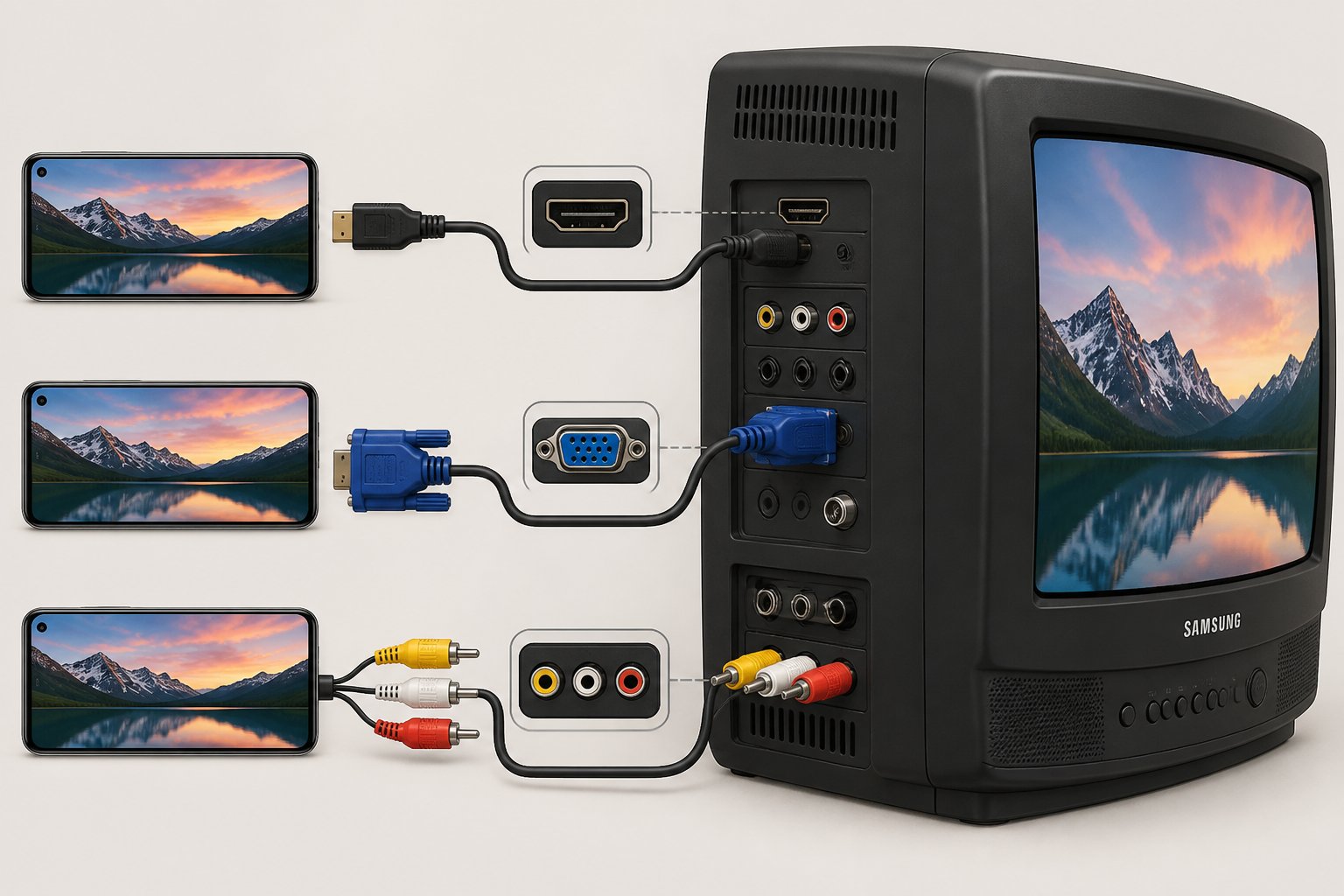 Smartphone conectado a uma televisão Samsung antiga por vários cabos diferentes, ilustrando opções de conexão para transmitir a tela do celular.